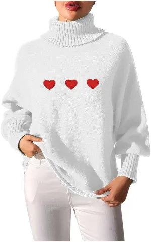 Womens Oversized Turtleneck Sweaters Cute Heart Pattern Long Sleeve Pullover Knitted Jumper Tops 2024 Fall Outfits