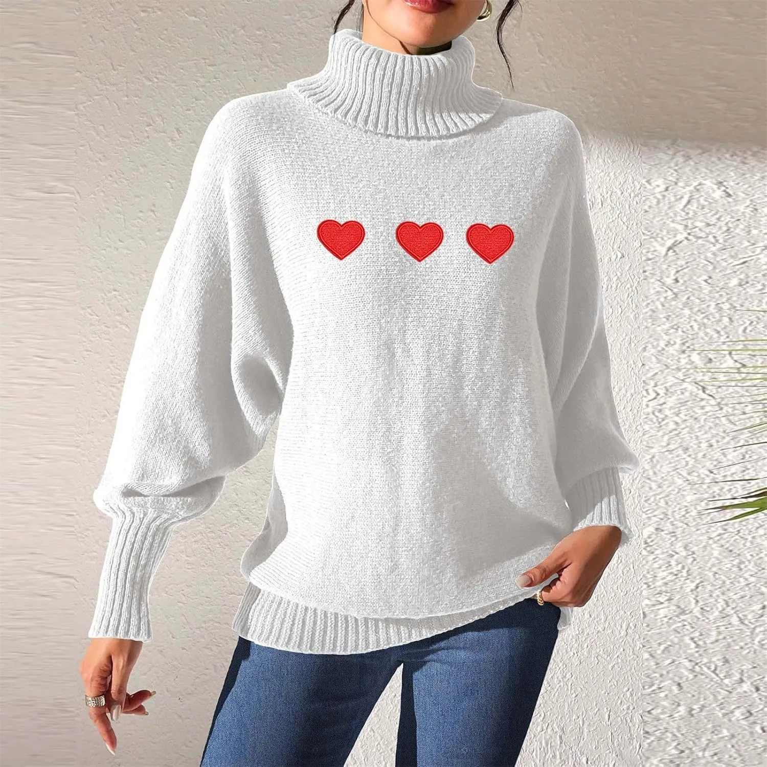 Womens Oversized Turtleneck Sweaters Cute Heart Pattern Long Sleeve Pullover Knitted Jumper Tops 2024 Fall Outfits