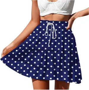 Women's Polka Dot Beach Short Skirts Summer Boho Floral Maxi Skirts Elastic Waist Flowy Swing Pleated Long Skirt