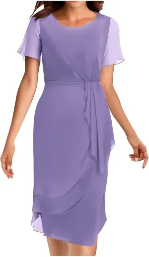 Women's Popover Midi Chiffon Sleeveless-Guest Dress Ruffle Tiered Layered Mesh Pleated A Line Swing Midi-Length Dress