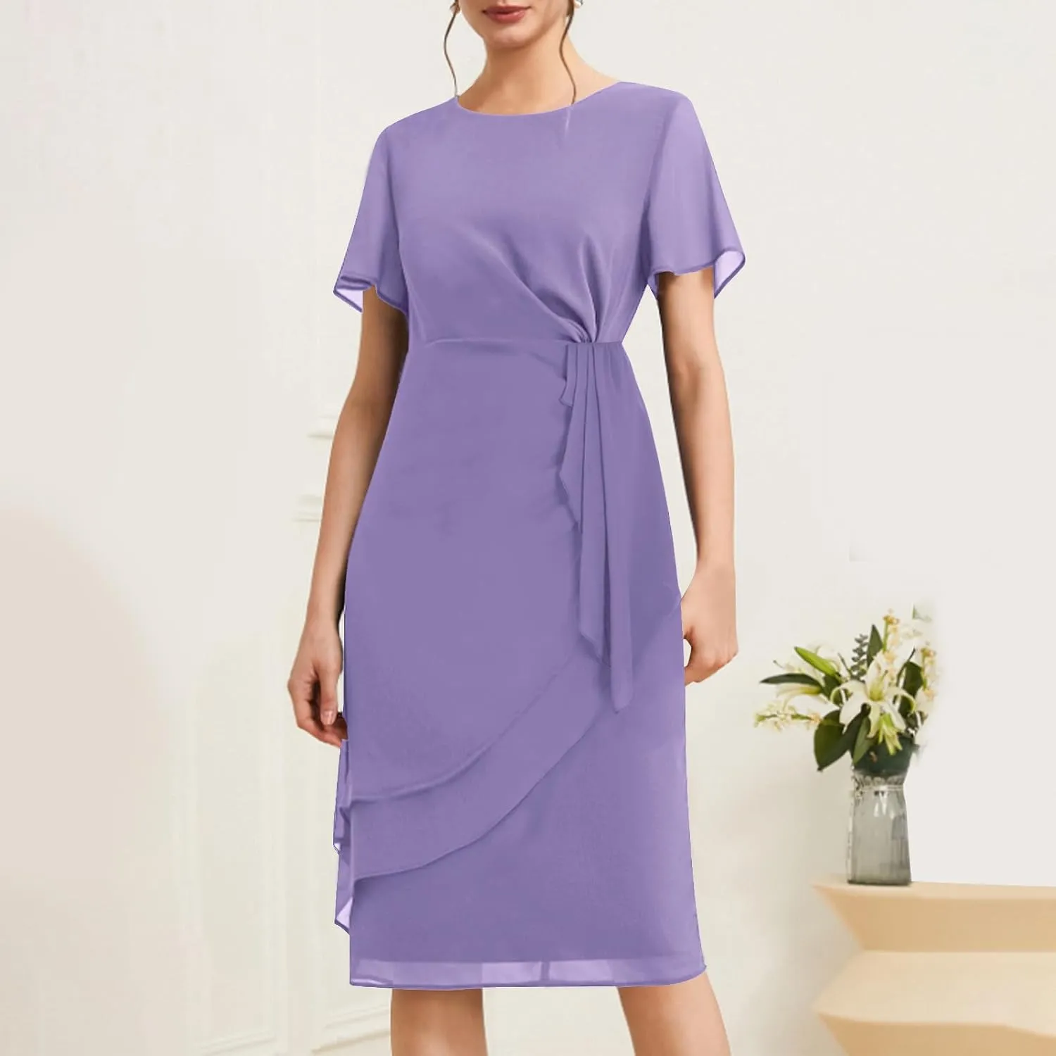 Women's Popover Midi Chiffon Sleeveless-Guest Dress Ruffle Tiered Layered Mesh Pleated A Line Swing Midi-Length Dress