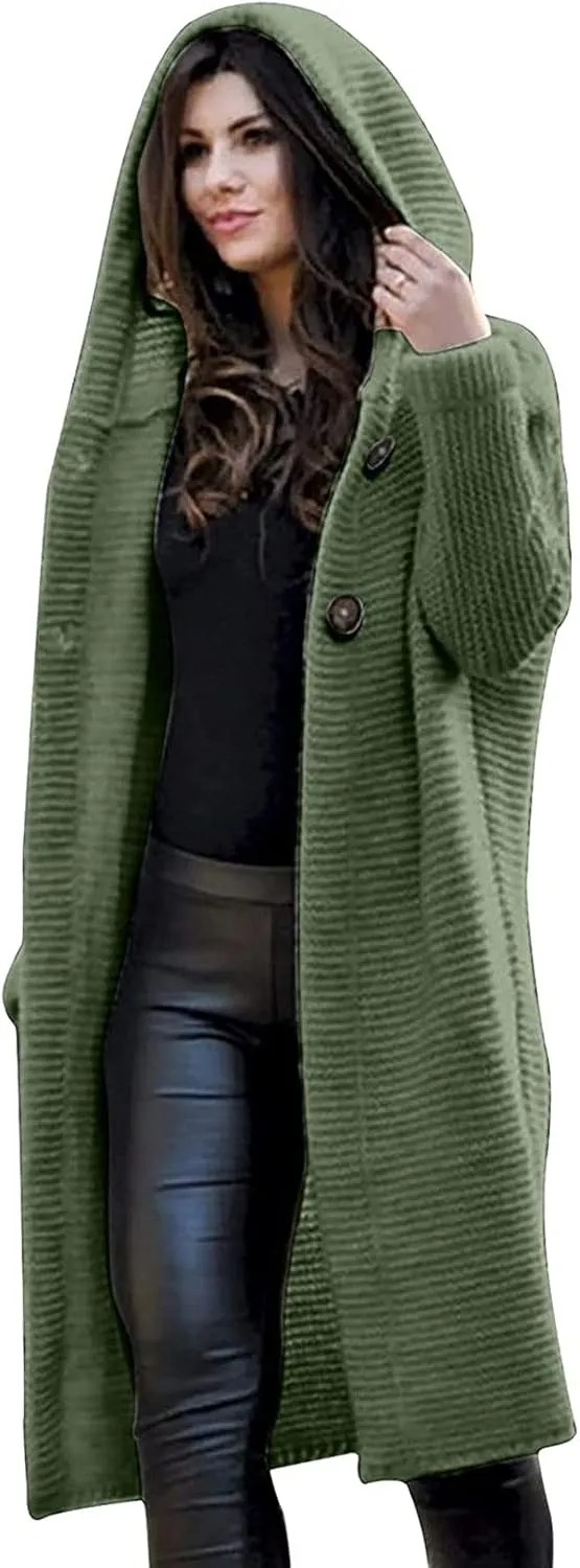 Women's Single-breasted Pea Coat Hooded Long Trench Coat Button Cardigan Knit Outwear,Long Wool Coat