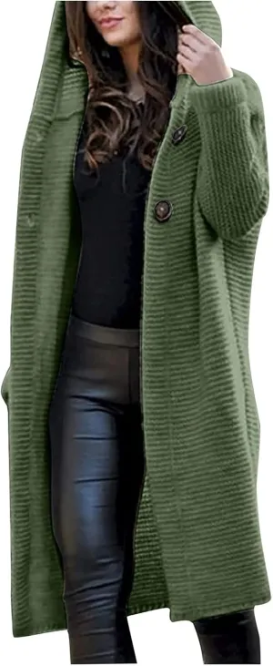Women's Single-breasted Pea Coat Hooded Long Trench Coat Button Cardigan Knit Outwear,Long Wool Coat
