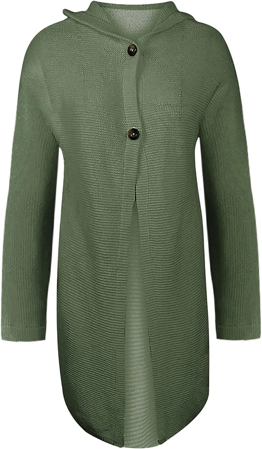 Women's Single-breasted Pea Coat Hooded Long Trench Coat Button Cardigan Knit Outwear,Long Wool Coat