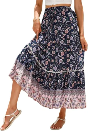 Women's Skirts,Formal Wrap Drawstring Tiered Long Boho Skirt Spring Summer Flowy Maxi Skirts for Women 2025 Trendy