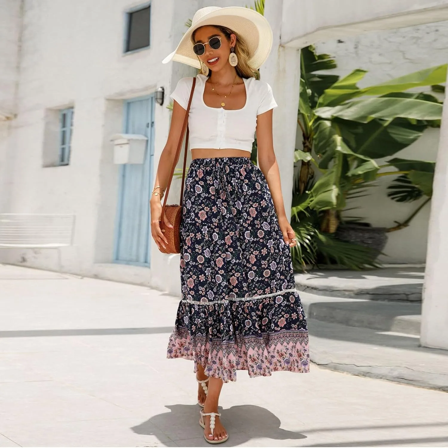 Women's Skirts,Formal Wrap Drawstring Tiered Long Boho Skirt Spring Summer Flowy Maxi Skirts for Women 2025 Trendy
