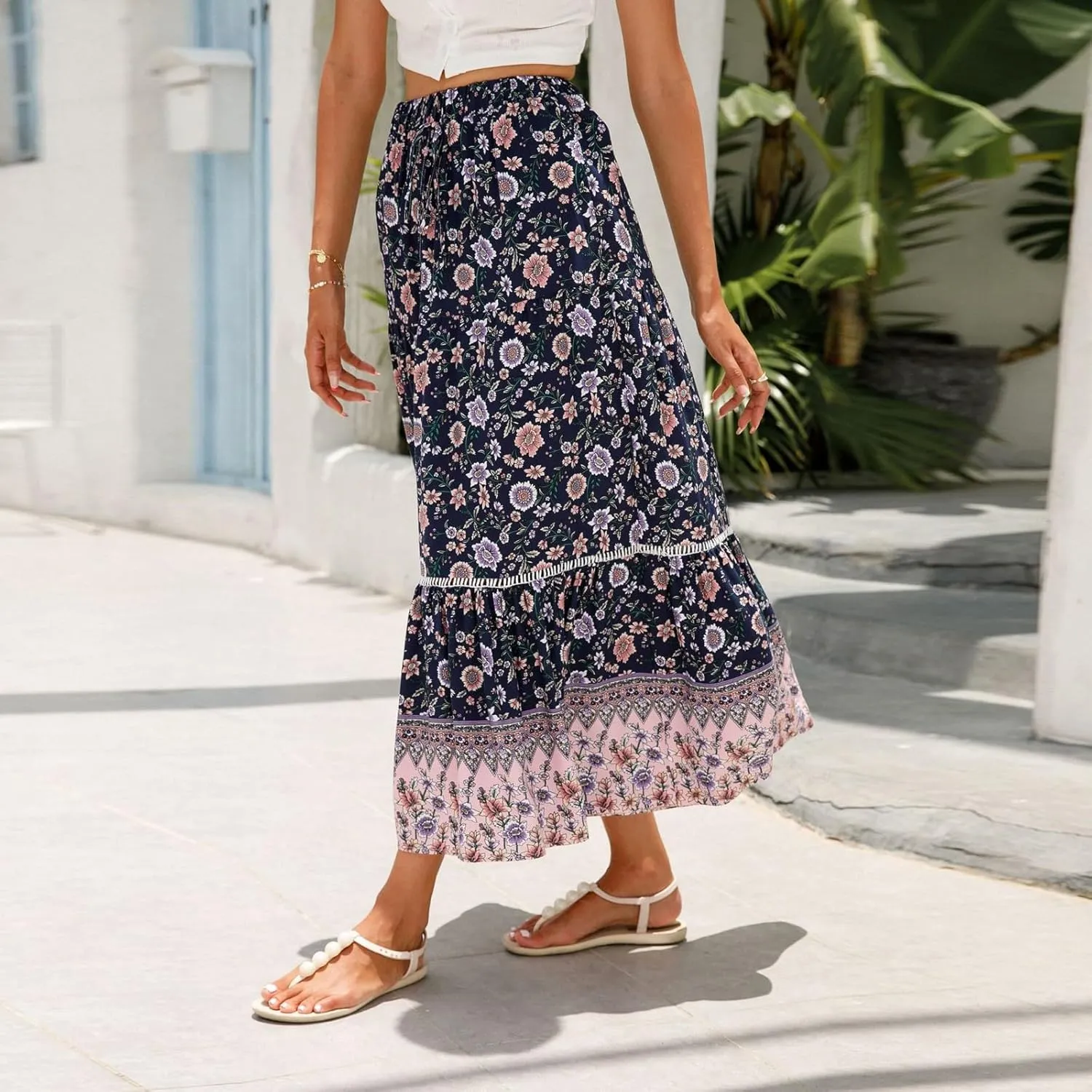 Women's Skirts,Formal Wrap Drawstring Tiered Long Boho Skirt Spring Summer Flowy Maxi Skirts for Women 2025 Trendy