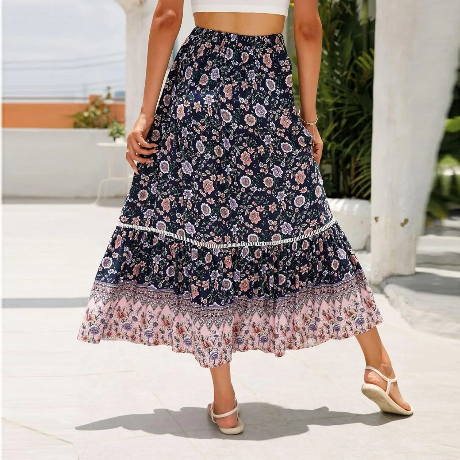 Women's Skirts,Formal Wrap Drawstring Tiered Long Boho Skirt Spring Summer Flowy Maxi Skirts for Women 2025 Trendy