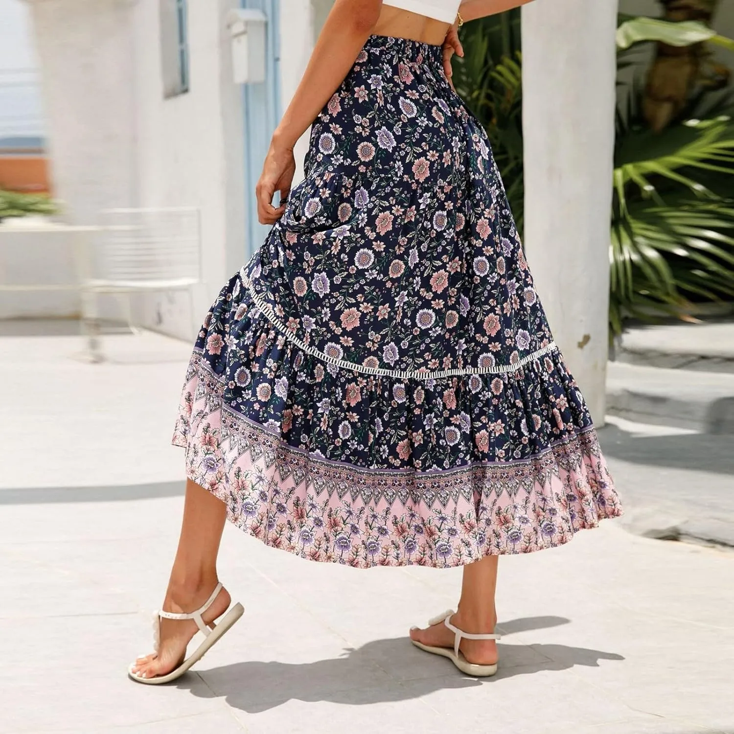 Women's Skirts,Formal Wrap Drawstring Tiered Long Boho Skirt Spring Summer Flowy Maxi Skirts for Women 2025 Trendy