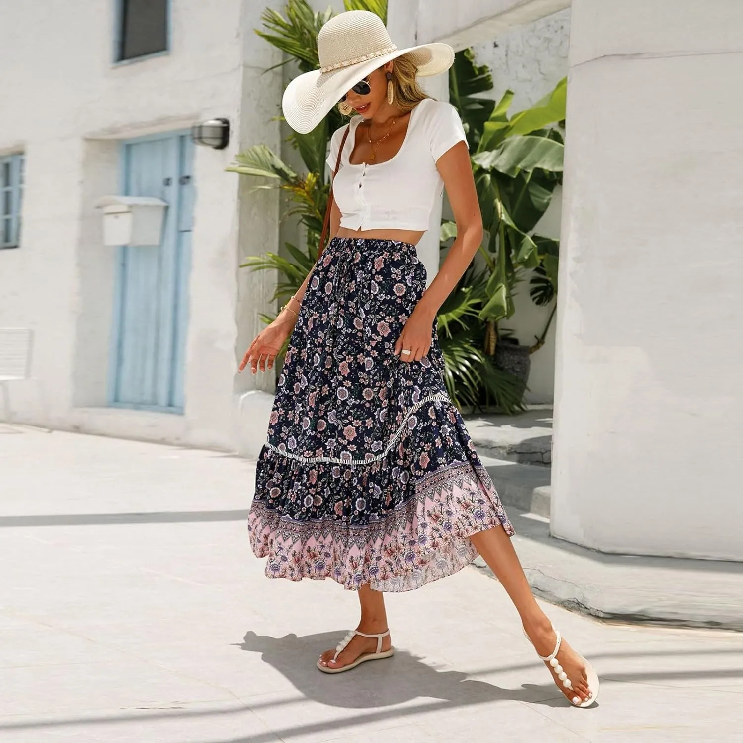 Women's Skirts,Formal Wrap Drawstring Tiered Long Boho Skirt Spring Summer Flowy Maxi Skirts for Women 2025 Trendy