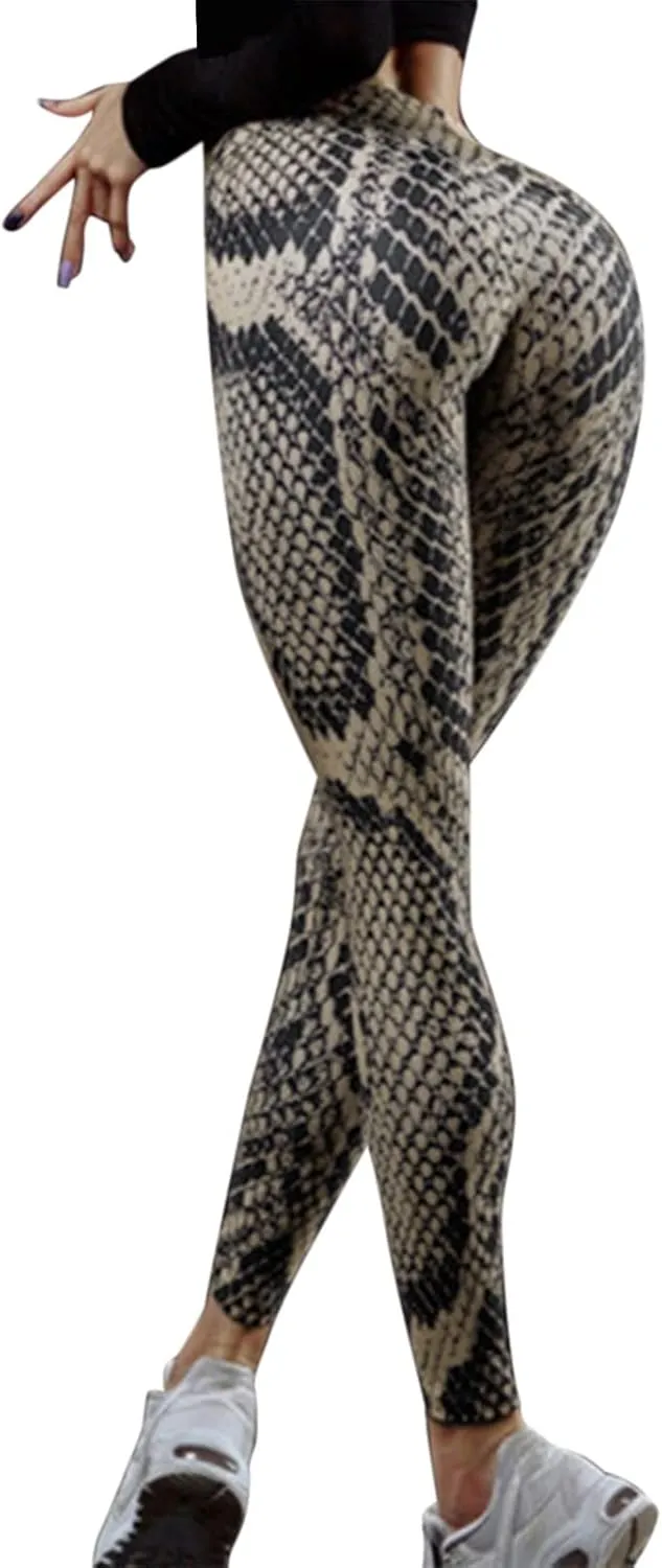 Womens Snakeskin Print Butt Scrunch Leggings Neon Soft & Slim Workout High Waisted Workout Tights Sporty Fitness 2024