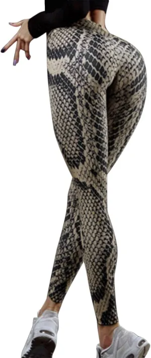 Womens Snakeskin Print Butt Scrunch Leggings Neon Soft & Slim Workout High Waisted Workout Tights Sporty Fitness 2024