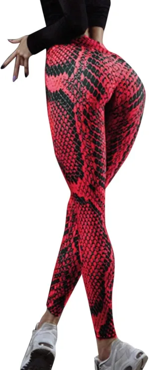 Womens Snakeskin Print Butt Scrunch Leggings Neon Soft & Slim Workout High Waisted Workout Tights Sporty Fitness 2024
