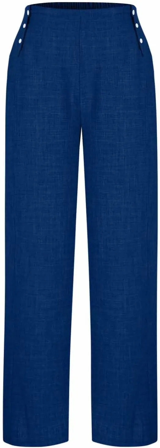 Womens Straight Wide Leg Pants with Pockets High Waisted Button Palazzo Trousers Casual Beach Travel Vacation Outfits