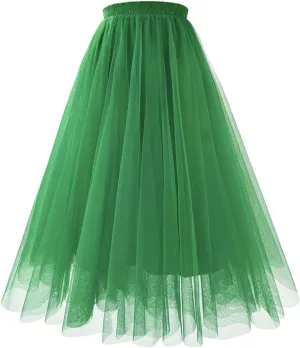 Women's Summer Casual Loose Trendy Elastic High Waist Solid Long Maxi Party Dance Fluffy Mesh Tulle Skirts