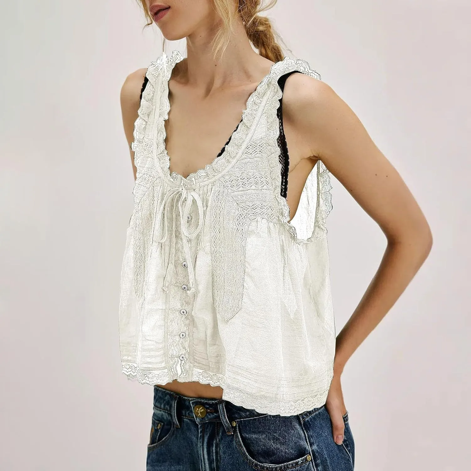 Womens Summer Lace Camisole Tank Tops V-Neck Sleeveless Babydoll Tops Casual Cute Going Out Vacation Y2k T-Shirts