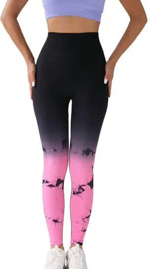 Womens Tie Dye Print Leggings, Fitness High Waist Tights Athletic Running Yoga Pants Seamless Compression Leggings