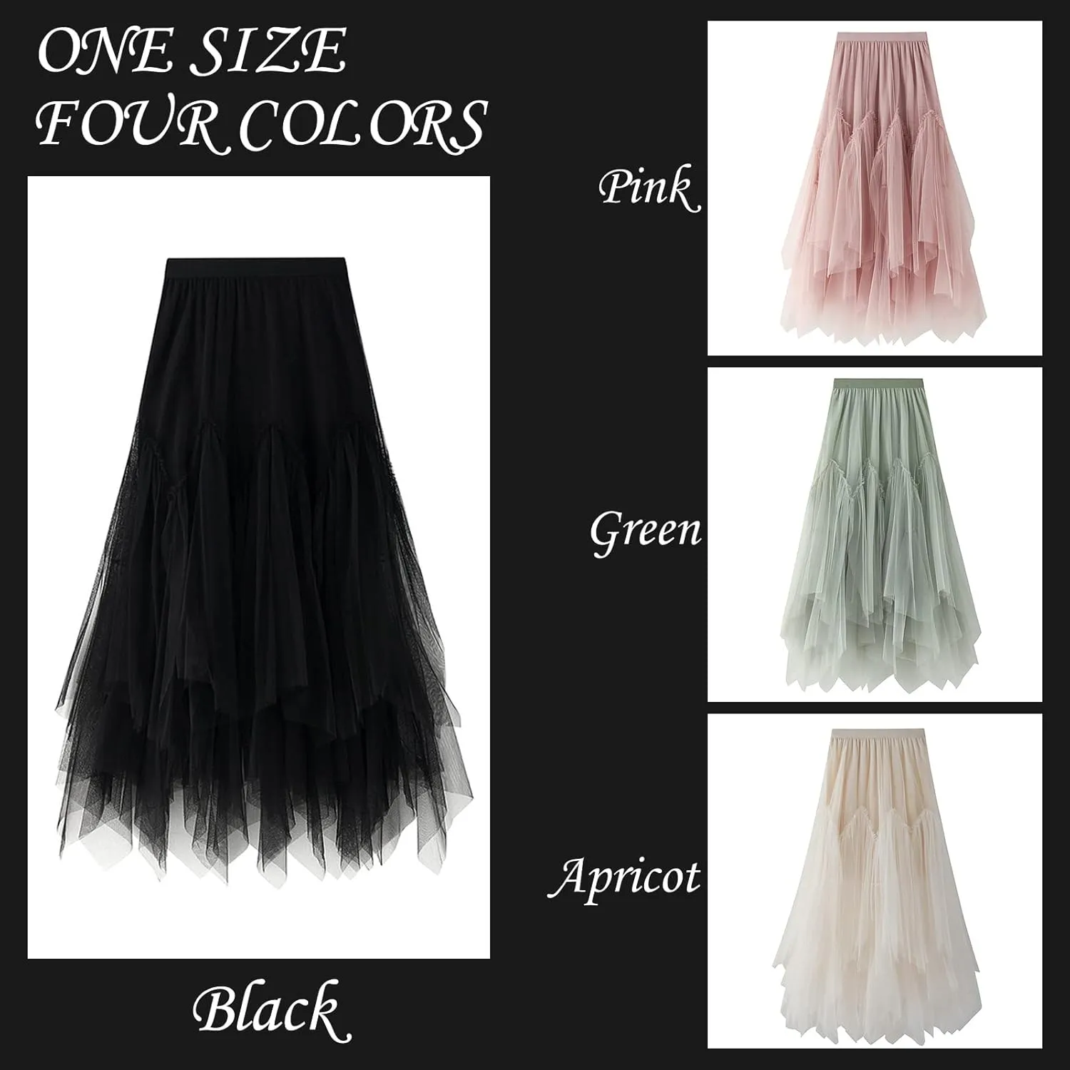Women's Tulle Skirt Formal High Low Asymmetrical A-Line Fairy Elastic Waist Layered Long Midi Skirts