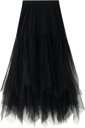 Women's Tulle Skirt Formal High Low Asymmetrical A-Line Fairy Elastic Waist Layered Long Midi Skirts