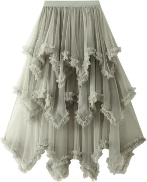 Women's Tulle Skirt High Low Ruffle Elastic Waist Ruffle Tiered Party Petticoat 2024 Midi Skirt Evening Mesh Long Skirt