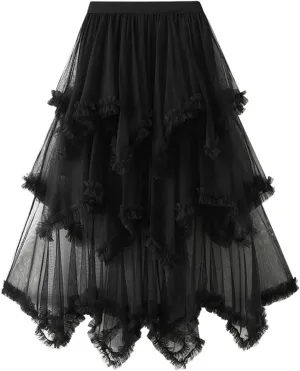 Women's Tulle Skirt High Low Ruffle Elastic Waist Ruffle Tiered Party Petticoat 2024 Midi Skirt Evening Mesh Long Skirt