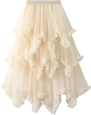 Women's Tulle Skirt High Low Ruffle Elastic Waist Ruffle Tiered Party Petticoat 2024 Midi Skirt Evening Mesh Long Skirt