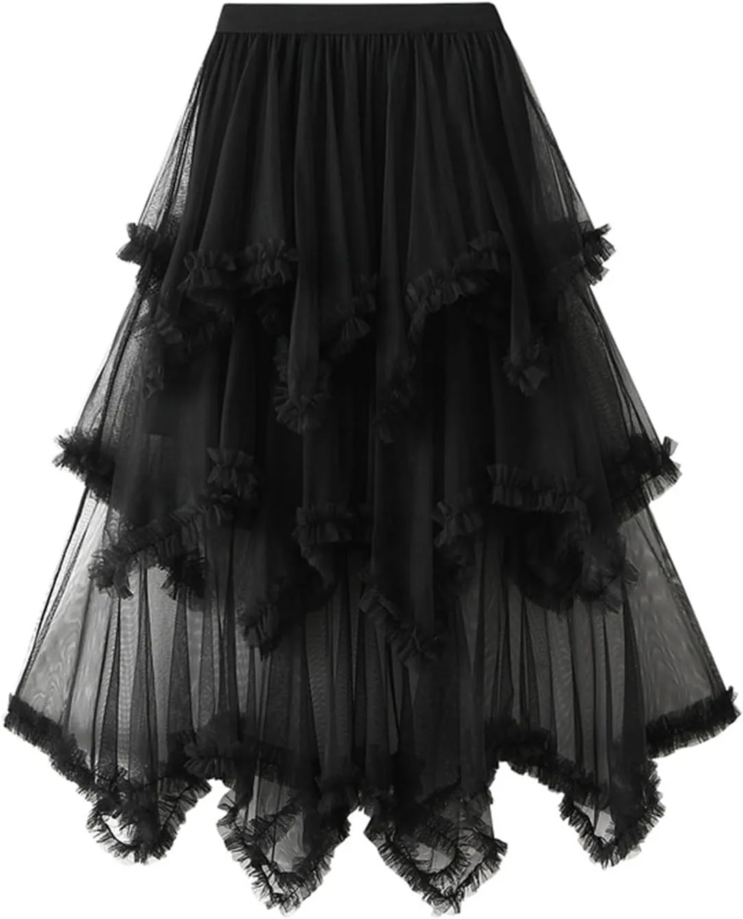 Women's Tulle Skirt High Low Ruffle Elastic Waist Ruffle Tiered Party Petticoat 2024 Midi Skirt Evening Mesh Long Skirt