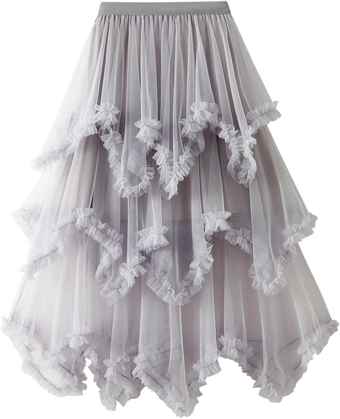 Women's Tulle Skirt High Low Ruffle Elastic Waist Ruffle Tiered Party Petticoat 2024 Midi Skirt Evening Mesh Long Skirt