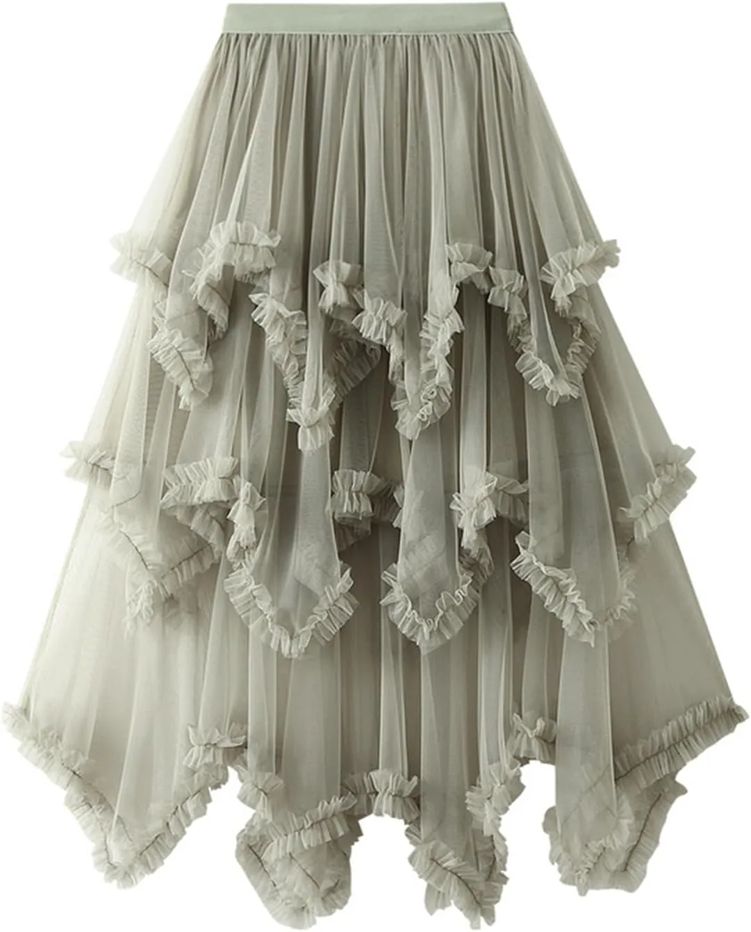Women's Tulle Skirt High Low Ruffle Elastic Waist Ruffle Tiered Party Petticoat 2024 Midi Skirt Evening Mesh Long Skirt
