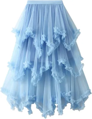 Women's Tulle Skirt High Low Ruffle Elastic Waist Ruffle Tiered Party Petticoat 2024 Midi Skirt Evening Mesh Long Skirt