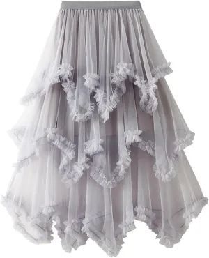 Women's Tulle Skirt High Low Ruffle Elastic Waist Ruffle Tiered Party Petticoat 2024 Midi Skirt Evening Mesh Long Skirt