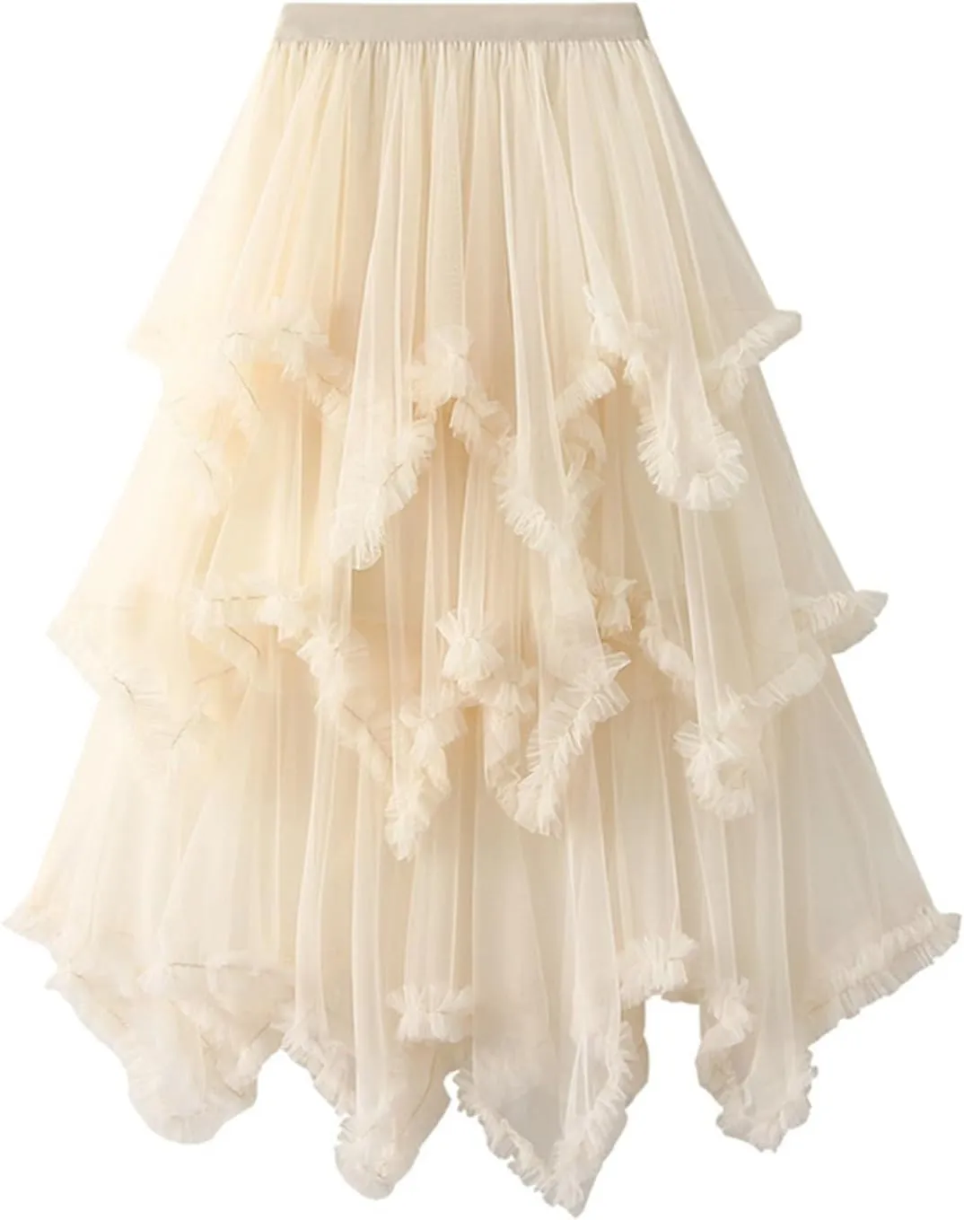 Women's Tulle Skirt High Low Ruffle Elastic Waist Ruffle Tiered Party Petticoat 2024 Midi Skirt Evening Mesh Long Skirt