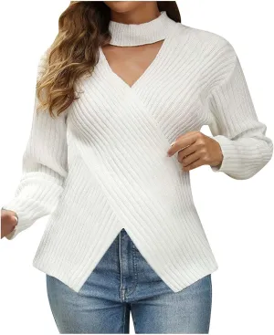 Womens V Neck Wrap Sweaters Mock Neck Criss Cross Long Sleeve Knitted Tops Slim Fitted Solid Color Choker Blouse