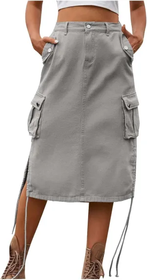 Women's Vintage 90s Midi Denim Skirt Drawstring Stretchy Zipper Pocket Drawstring Jean Skirt Pencil Long Cargo Skirt