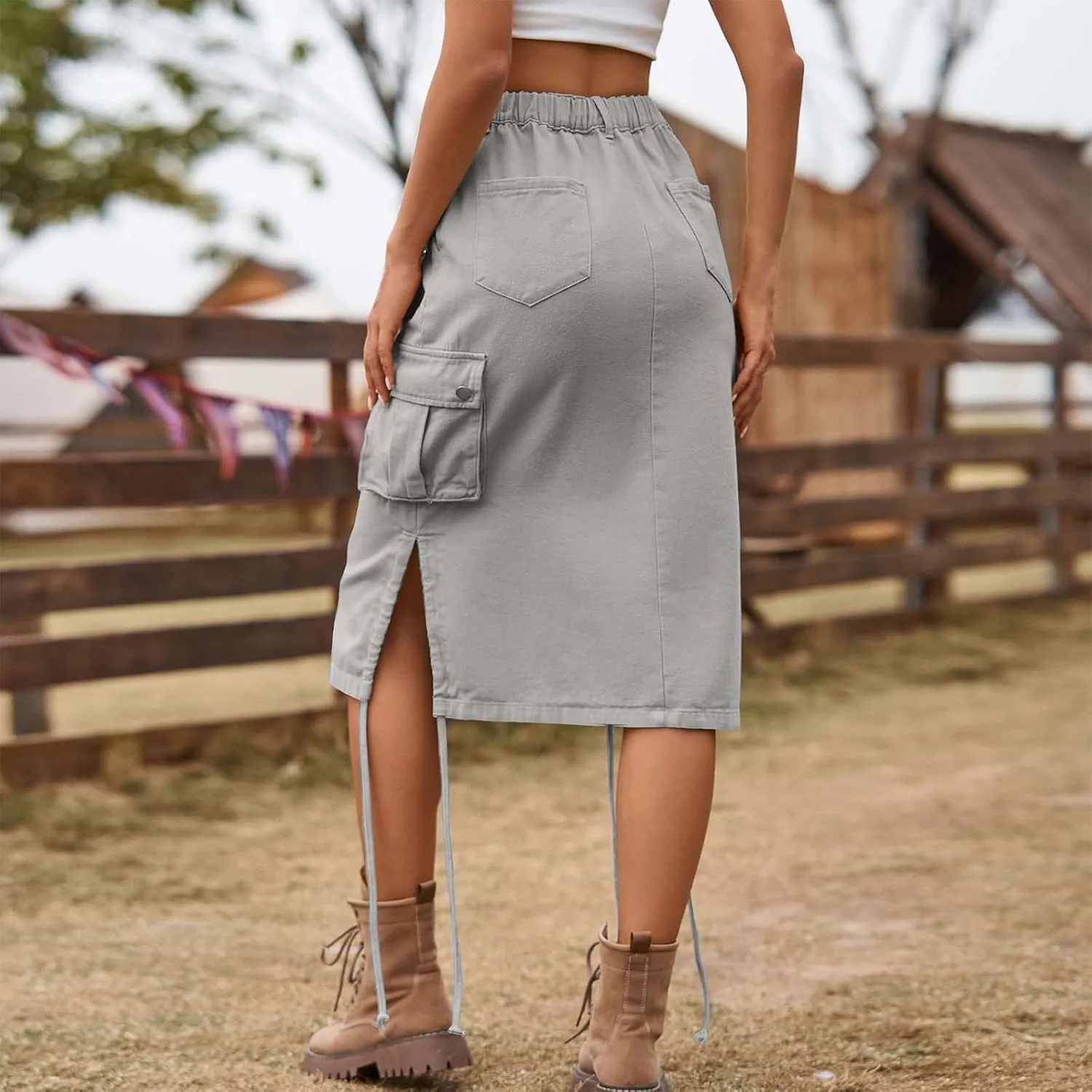 Women's Vintage 90s Midi Denim Skirt Drawstring Stretchy Zipper Pocket Drawstring Jean Skirt Pencil Long Cargo Skirt