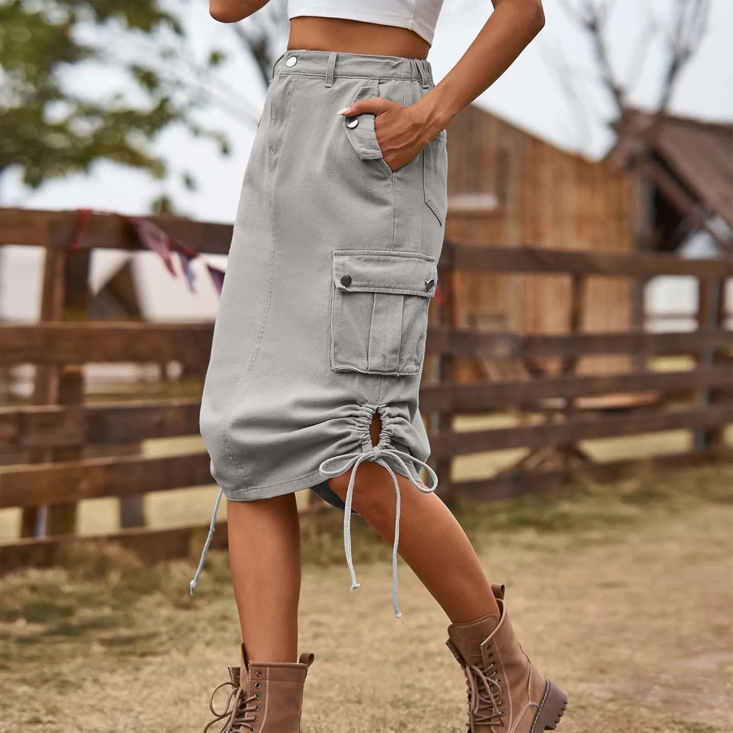 Women's Vintage 90s Midi Denim Skirt Drawstring Stretchy Zipper Pocket Drawstring Jean Skirt Pencil Long Cargo Skirt