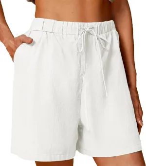 Women's Wide Leg Beach Shorts with Pockets, Elastic Waist Quick-Dry Yoga Running Shorts, Drawstring Seamless Stretch Shorts White M
