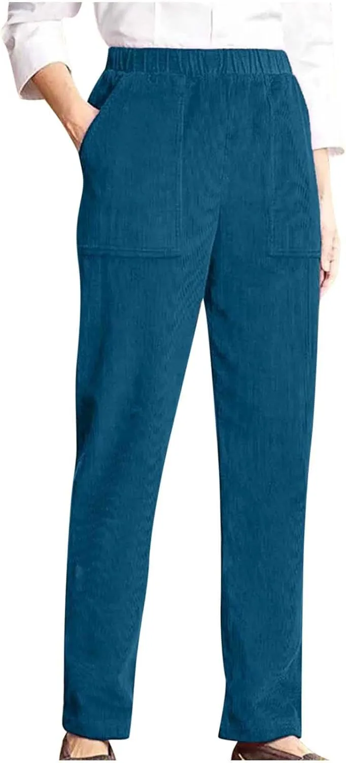 Xiaojmake Corduroy Pants for Women Elastic Waist Pull On Straight Leg Slacks Fall Spring Lounge Work Trousers with Pockets