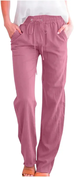 Xiaojmake Womens Casual Cotton Linen Pants 2025 Straight Leg Summer Loose Elastic Waist Solid Palazzo Long Trousers Plus Size