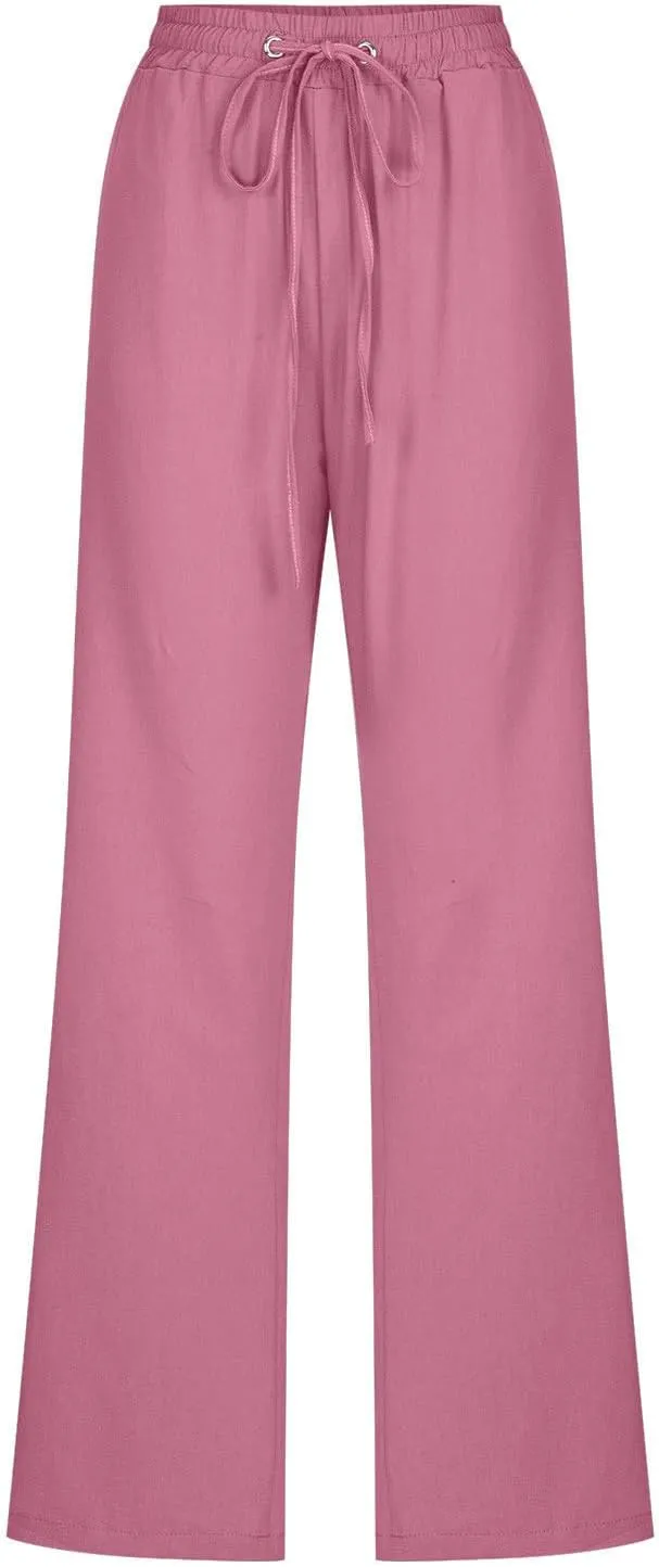 Xiaojmake Womens Casual Cotton Linen Pants 2025 Straight Leg Summer Loose Elastic Waist Solid Palazzo Long Trousers Plus Size