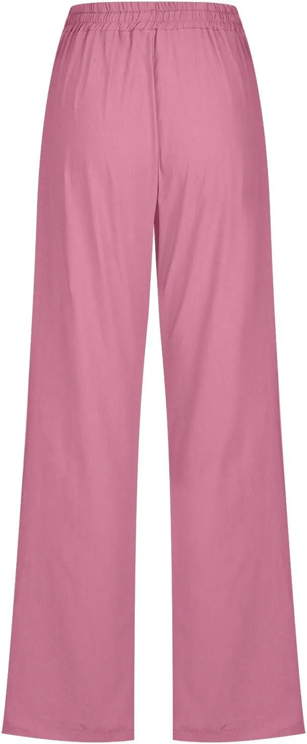 Xiaojmake Womens Casual Cotton Linen Pants 2025 Straight Leg Summer Loose Elastic Waist Solid Palazzo Long Trousers Plus Size