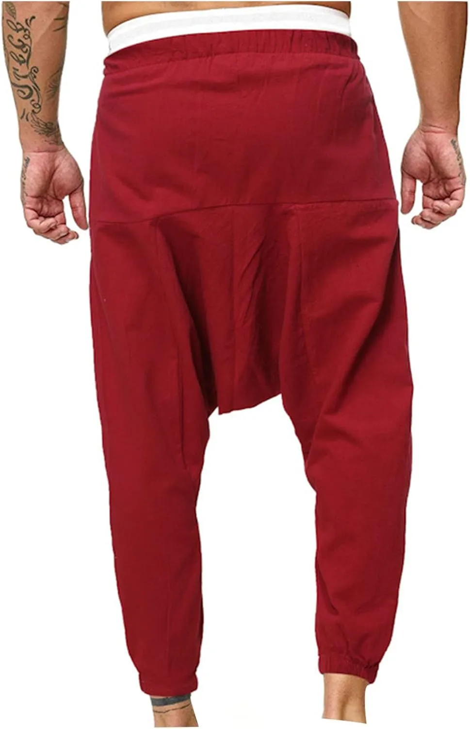 XUNRYAN Men's Linen Harem Palazzo Pants Lightweight Loose Fit Long Elastic Waist Casual Beach Yoga Trousers Cropped Joggers