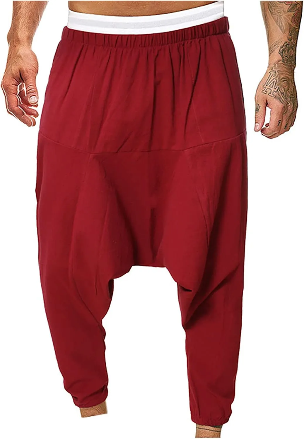 XUNRYAN Men's Linen Harem Palazzo Pants Lightweight Loose Fit Long Elastic Waist Casual Beach Yoga Trousers Cropped Joggers