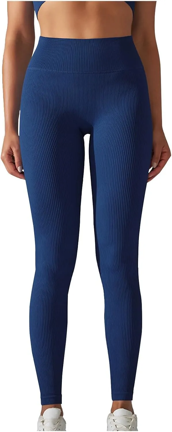 Yoga Leggings for Women High Waist Tummy Control Yoga Pants Ribbed Stretch Workout Leggings Compression Gym Tights