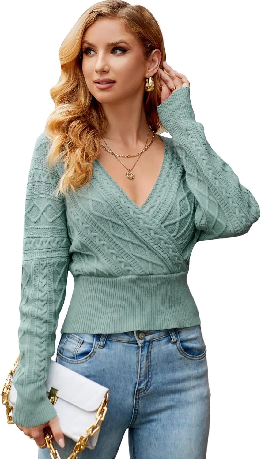 ZAFUL Women's V Neck Cable Knit Sweater Long Sleeve Ribbed Crop Tops Wrap Surplice Solid Casual Pullover Jumper