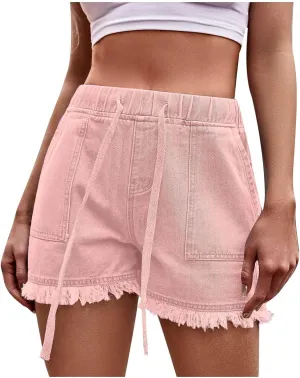 ZDRZK High Waisted Denim Shorts for Women 2023 Summer Drawstring Jeans Straight Leg Raw Hem Jean Shorts with Pockets