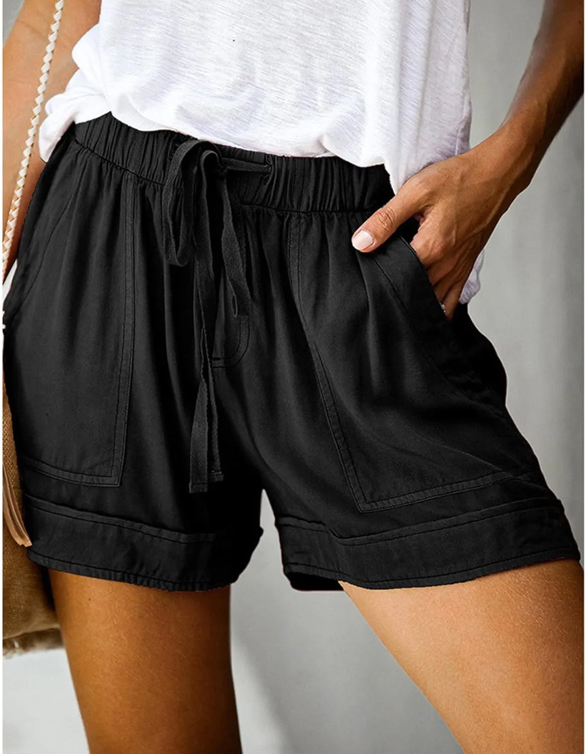 ZDRZK Womens Summer Shorts Plus Size Solid Comfy Drawstring Casual Shorts Elastic Waist Pocket Loose Travel Shorts Pants
