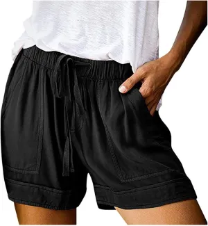 ZDRZK Womens Summer Shorts Plus Size Solid Comfy Drawstring Casual Shorts Elastic Waist Pocket Loose Travel Shorts Pants