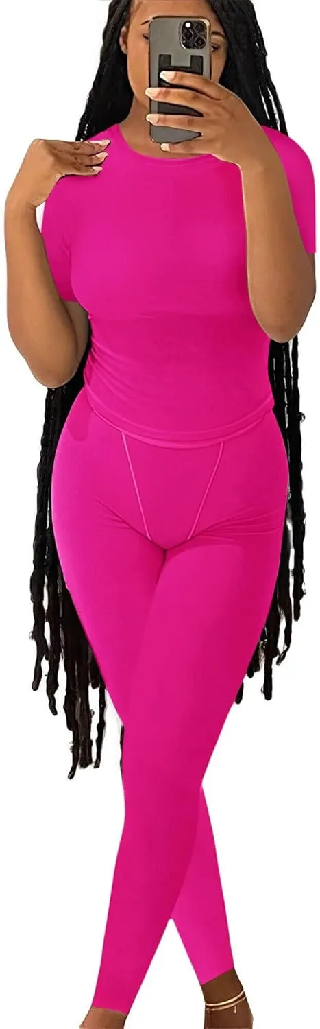 ZFLM Casual Workout Two Piece Outfits for Women Fitted Crew Neck T-shirt High Waist Pants Matching Sets Streetwear